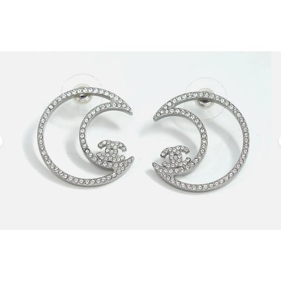 Chanel CC Moon Crystal EarringsSilver-Tone1"PiercedExcellent